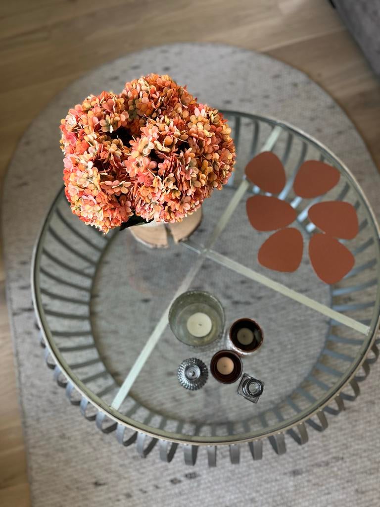 Stalen ronde salontafel met glasplaat, Ophalen, Gebruikt, Rond, 50 tot 100 cm