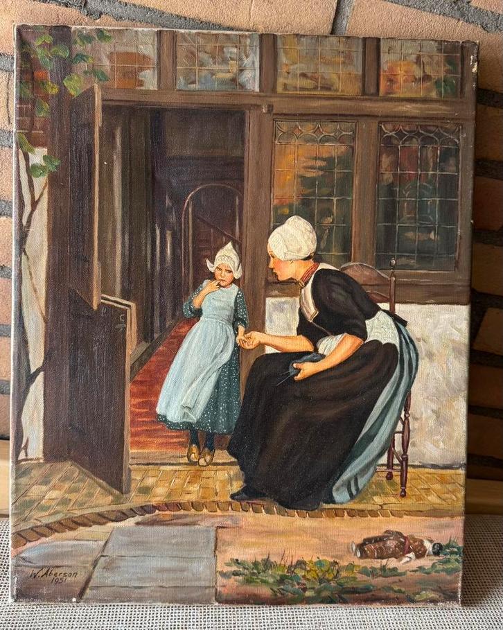 Antiek schilder W.H Aberson moeder dochter Volendams kostuum, Antiek en Kunst, Kunst | Schilderijen | Klassiek, Ophalen of Verzenden