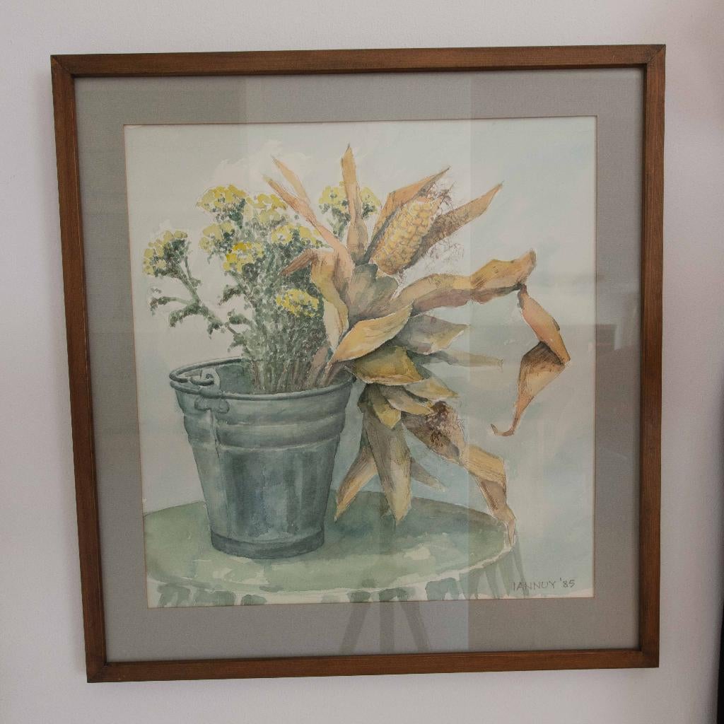(nr.331) Aquarel "Zinken emmer met planten", IAN NUY '85, Antiek en Kunst, Ophalen