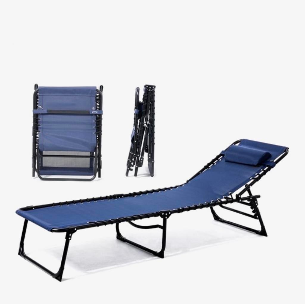 2 Ligbedden: 1x blauw (gebruikt), 1x zwart (nieuw in doos), Ophalen of Verzenden, Gebruikt, Aluminium, Verstelbaar