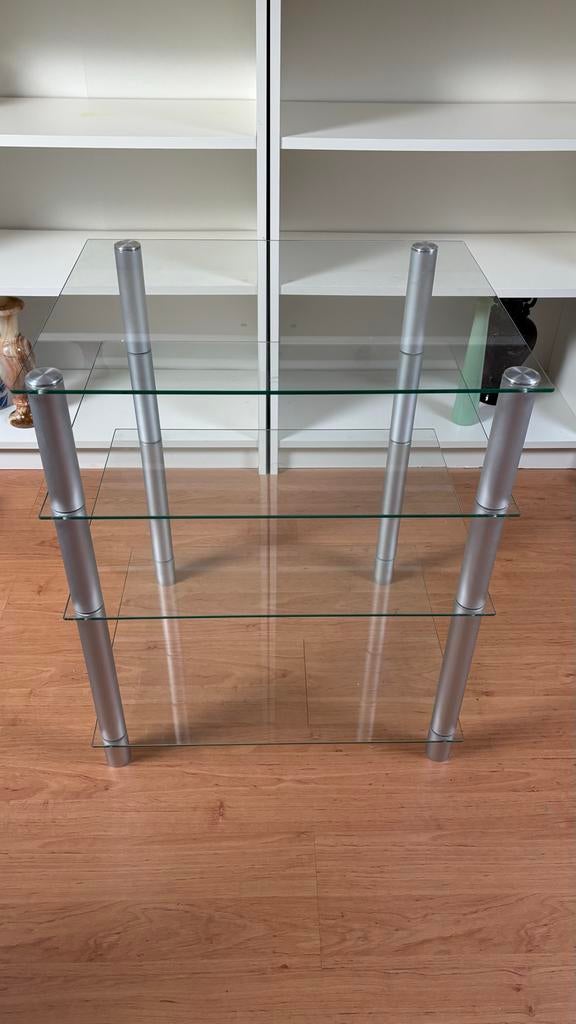 Hifi tafel met glazen platen en metalen poten, Huis en Inrichting, Ophalen, Gebruikt, 50 tot 100 cm, Glas