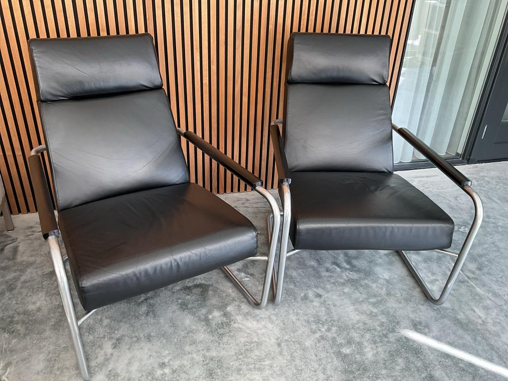 Set van 2 HarVink fauteuils - Zwart leer, Huis en Inrichting, Stoelen, Ophalen, Gebruikt, Twee, Zwart