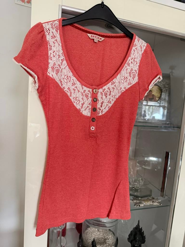 Review T-shirt met kant maat S, Kleding | Dames, T-shirts, Nieuw, Ophalen of Verzenden, Korte mouw, Roze
