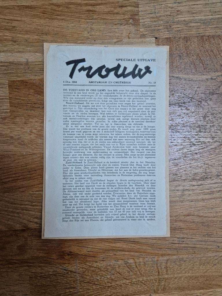 Wo2 illegale pers verzetskrant Trouw, 6 december 1944, Verzamelen, Ophalen of Verzenden, Nederland, Boek of Tijdschrift