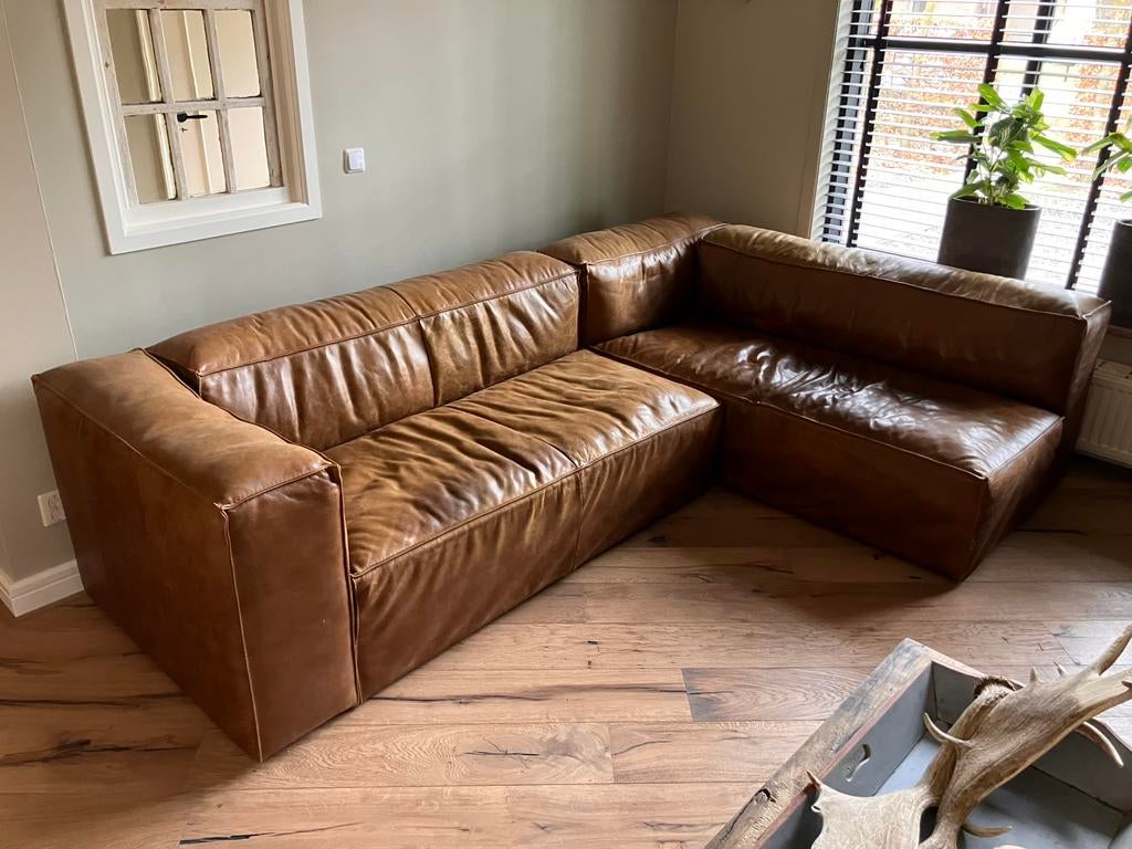 Lederen hoekbank van buffel leer in cognac kleur, Huis en Inrichting, Banken | Bankstellen, Ophalen, 250 tot 300 cm, Gebruikt