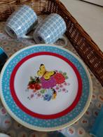 6 gebaks bordjes AH vlinder bloemetjes blauwe rand, Ophalen of Verzenden, Overige stijlen, Bord(en)