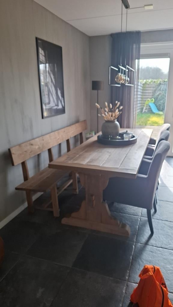 Landelijke eettafel met bank!, Gebruikt, 200 cm of meer, Vijf personen of meer, Landelijke stijl