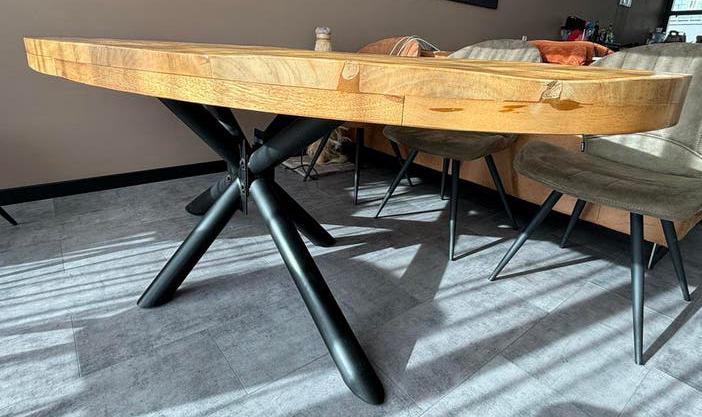 Ovale mango houten eettafel met kruispoot, Ophalen, Gebruikt, 100 tot 150 cm, 200 cm of meer