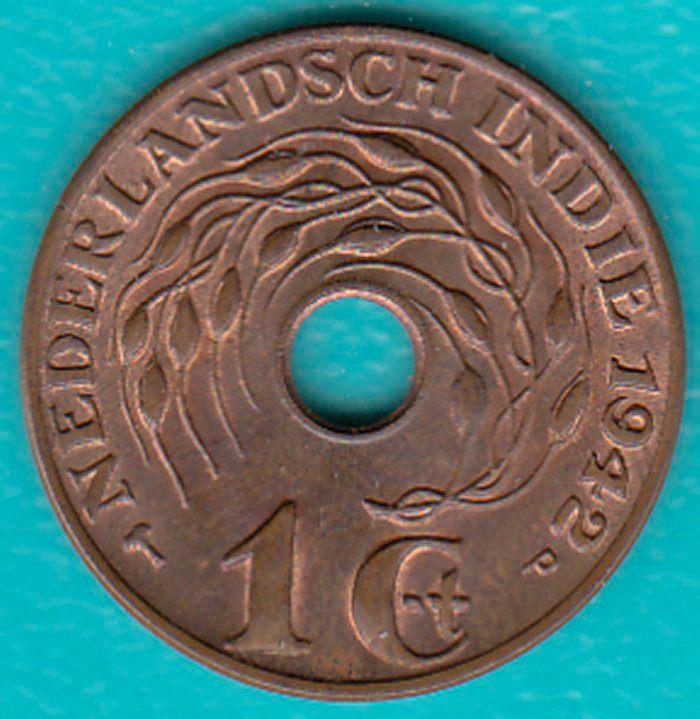 Nederlands-Indië 1 cent 1942 PP, Scho. 934 in munthouder, Postzegels en Munten, Munten | Nederland, Losse munt, 1 cent, Koningin Wilhelmina