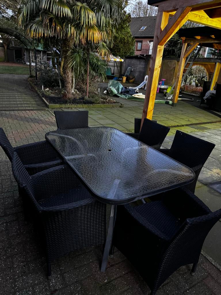 Tuinset met 6 stoelen en tafel met lichte beschadigingen, Tuin en Terras, Ophalen, Gebruikt, Eettafel, 6 zitplaatsen