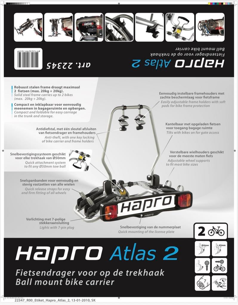 Hapro Atlas 2 fietsendrager, Auto diversen, Ophalen, Gebruikt, 2 fietsen, Trekhaakdrager
