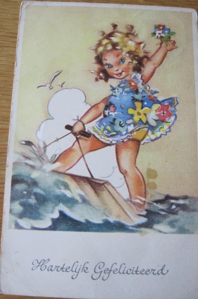 Hartelijk gefeliciteerd - meisje op surfplank - 1952, Verzenden, 1940 tot 1960, Gelopen, Kinderen