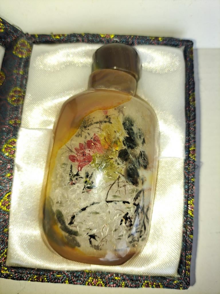 Snuif flesje, snuff bottle van agaat, intern beschilderd, Ophalen of Verzenden