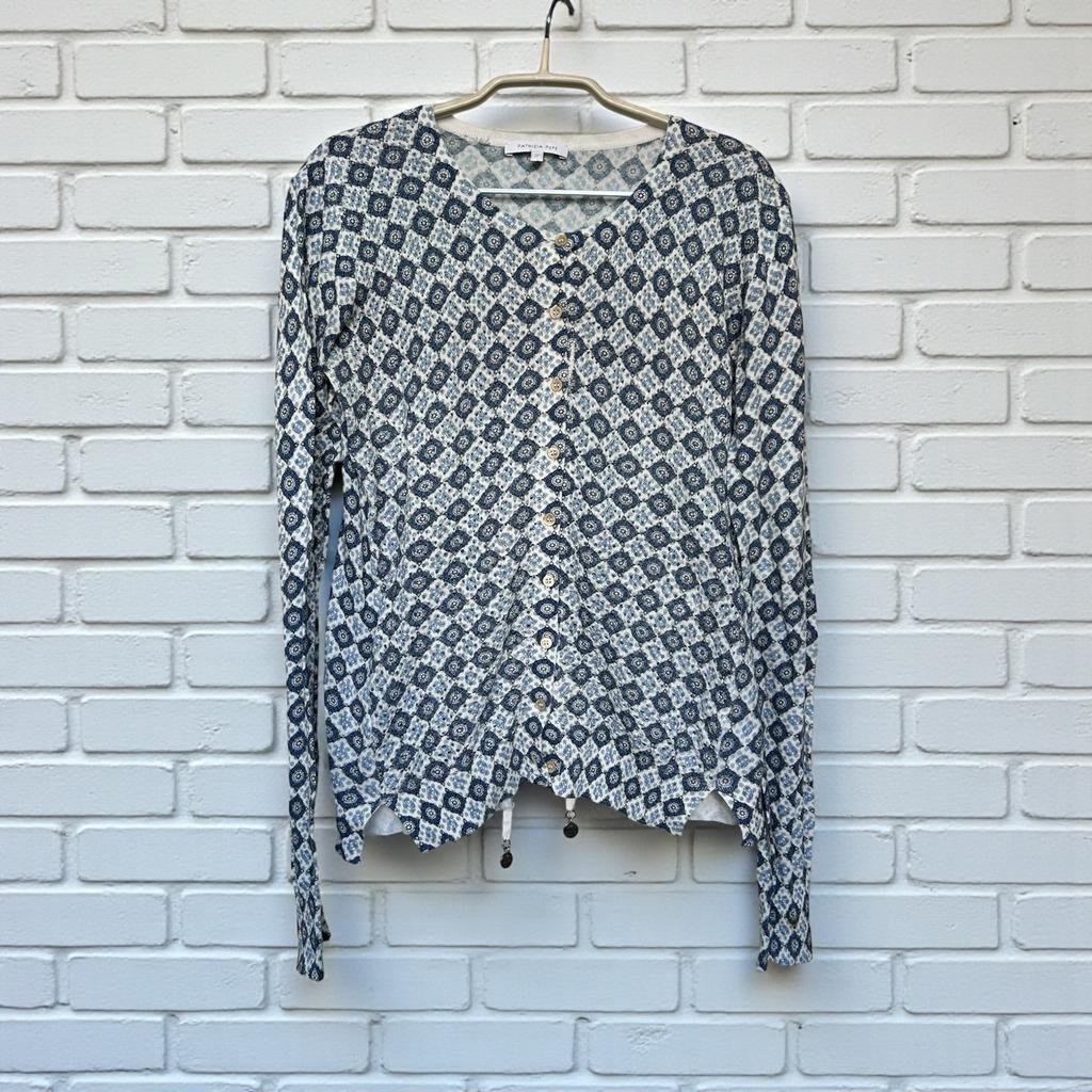 Patrizia Pepe Blouse Maat 2 Blauw Wit Retro Print Korset Rug, Maat 38/40 (M), Blauw, Ophalen of Verzenden, Pp