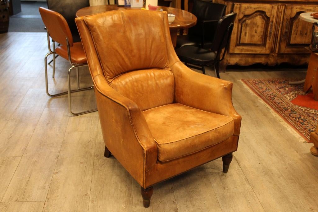 Brocante - Lekkere luie leren fauteuil!, Huis en Inrichting, Fauteuils, Ophalen, Gebruikt, 75 tot 100 cm, Leer