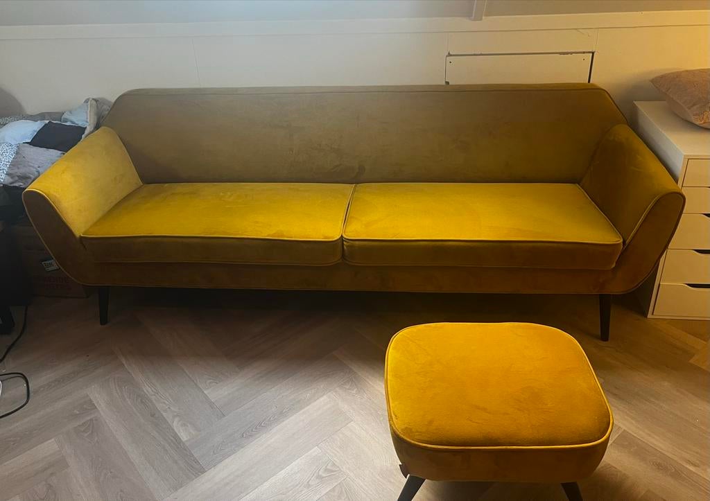 Woood Bank en Poef in Okergeel, Ophalen, 125 cm of meer, 125 cm of meer, Zo goed als nieuw