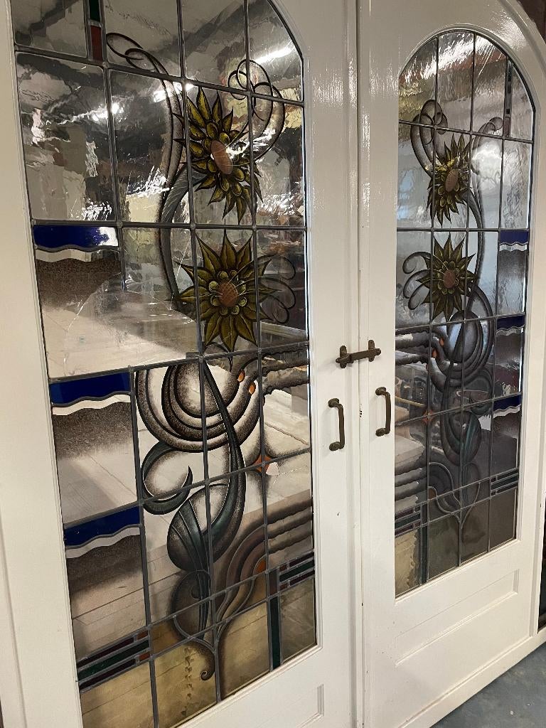 Set schuif / en-suite deuren met glas in lood 229x177cm., Antiek en Kunst, Ophalen