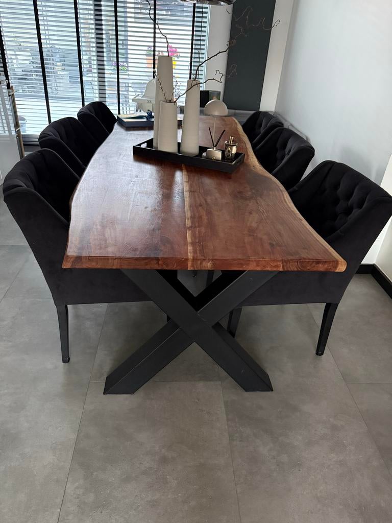 eettafel met Zwarte fluwelen eetkamerstoelen met armleuning, Ophalen, Zwart, Zo goed als nieuw, Stof