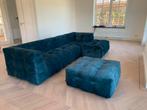 Prachtige petrol blauwe bank + hocker van Dutch sofa company, Ophalen, Hoekbank, 300 cm of meer, 75 tot 100 cm