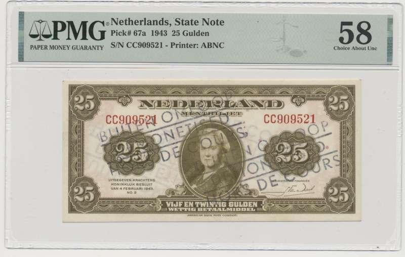 Nederland 25 Gulden 1943 Wilhelmina buiten omloop PMG58, Postzegels en Munten, Bankbiljetten | Nederland, Ophalen of Verzenden