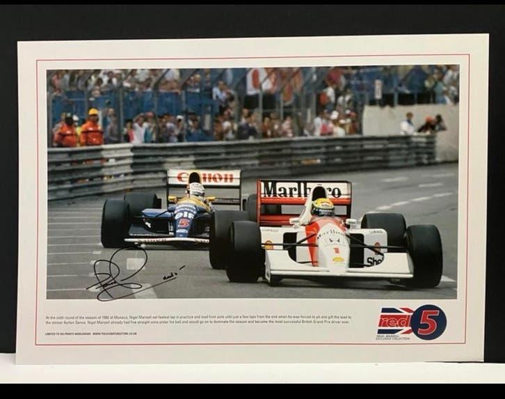 Nigel Mansell & Ayrton Senna poster met handtekening, Rechthoekig Liggend, Ophalen of Verzenden, Zo goed als nieuw, Sport