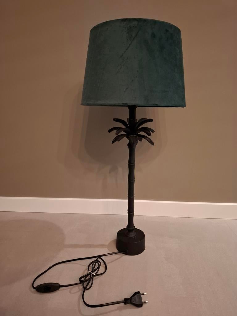 Tafellamp palmboomvoet met donkergroene fluwelen kap, Ophalen, 50 tot 75 cm, Botanisch, Exotisch, Modern, Zo goed als nieuw