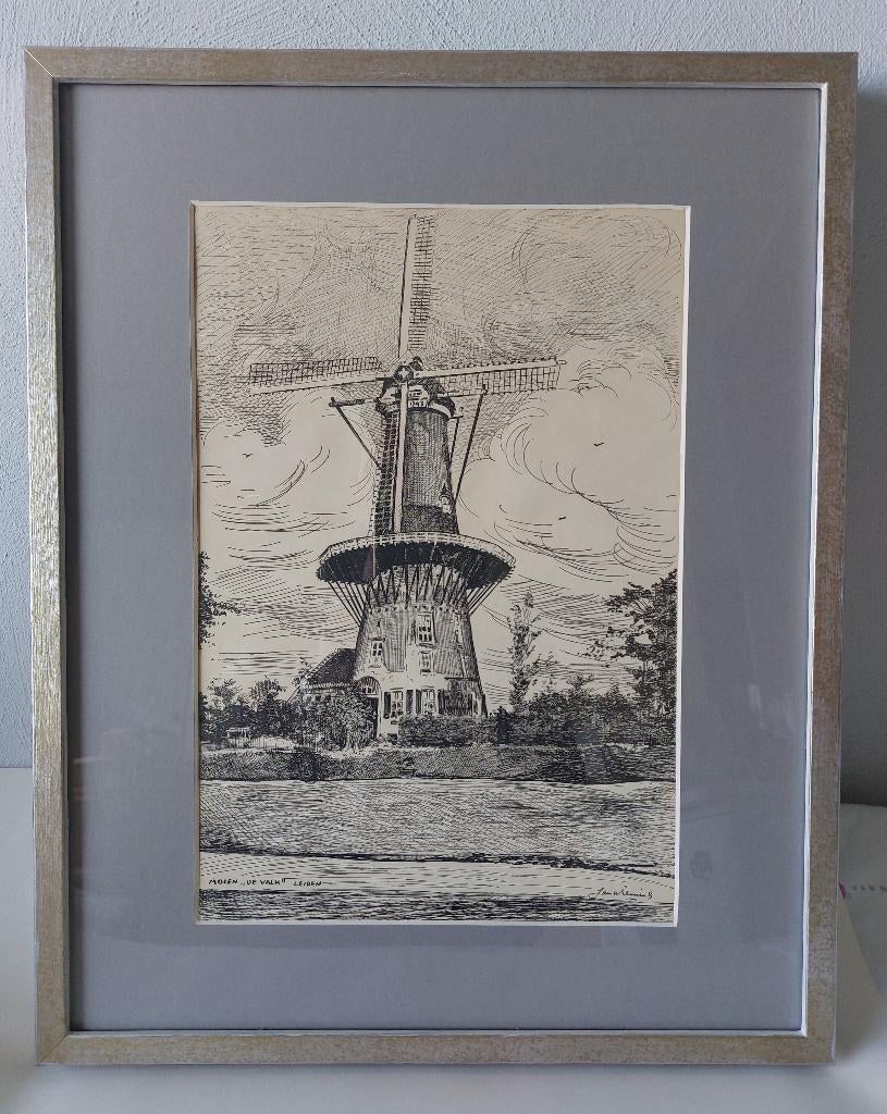 Jan Wilmink Molen De Valk te Leiden, Ingelijst, 1950 - 1999, Ophalen of Verzenden, 53 cm