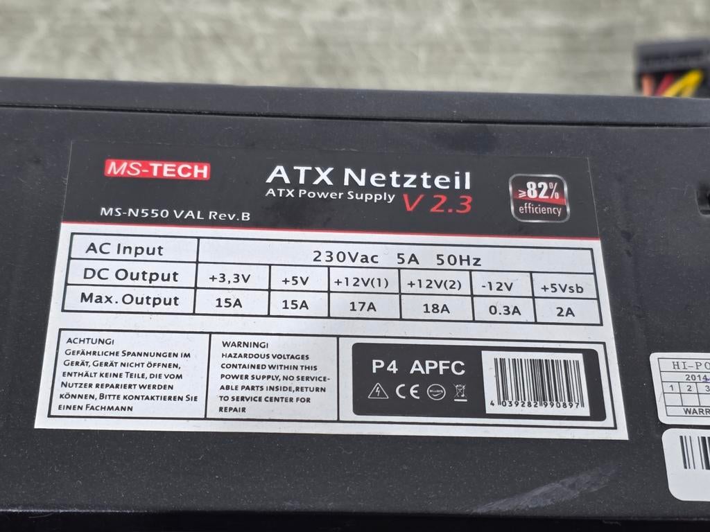 Ms-tech 550w max voeding psu power supply ms-n550-val rev. B, Computers en Software, Ophalen of Verzenden, Gebruikt