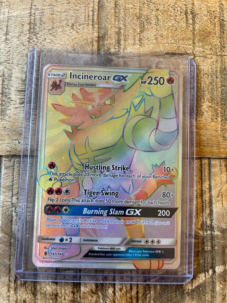 Pokémon Incineroar GX Rainbow Rare 147/145 Sun & Moon, Ophalen of Verzenden, Gebruikt, Losse kaart, Foil