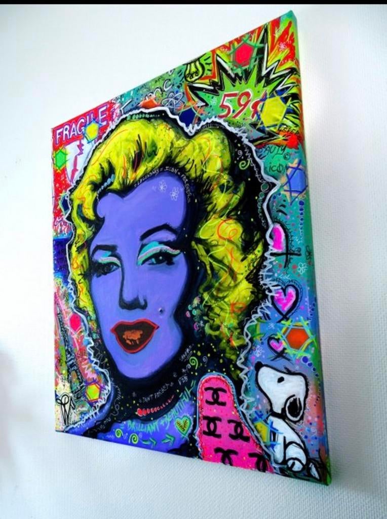Pop Art Schilderij Marilyn Monroe & Snoopy - 55x46 cm, Ophalen of Verzenden