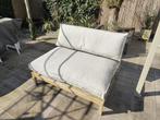Leuke en stevige tuinbank met lichtgrijze kussens, Ophalen, Gebruikt, Hout