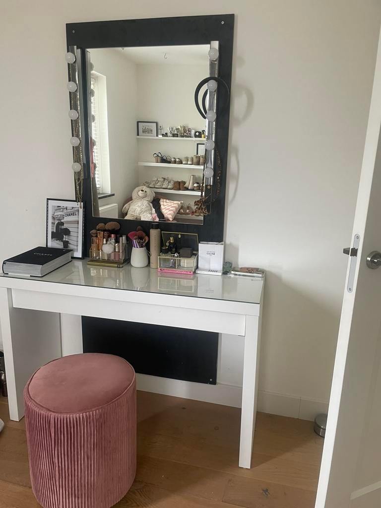 Make up Spiegel en lichtjes, Huis en Inrichting, Tafels | Kaptafels, Zo goed als nieuw, Minder dan 100 cm, Hout, 50 tot 100 cm