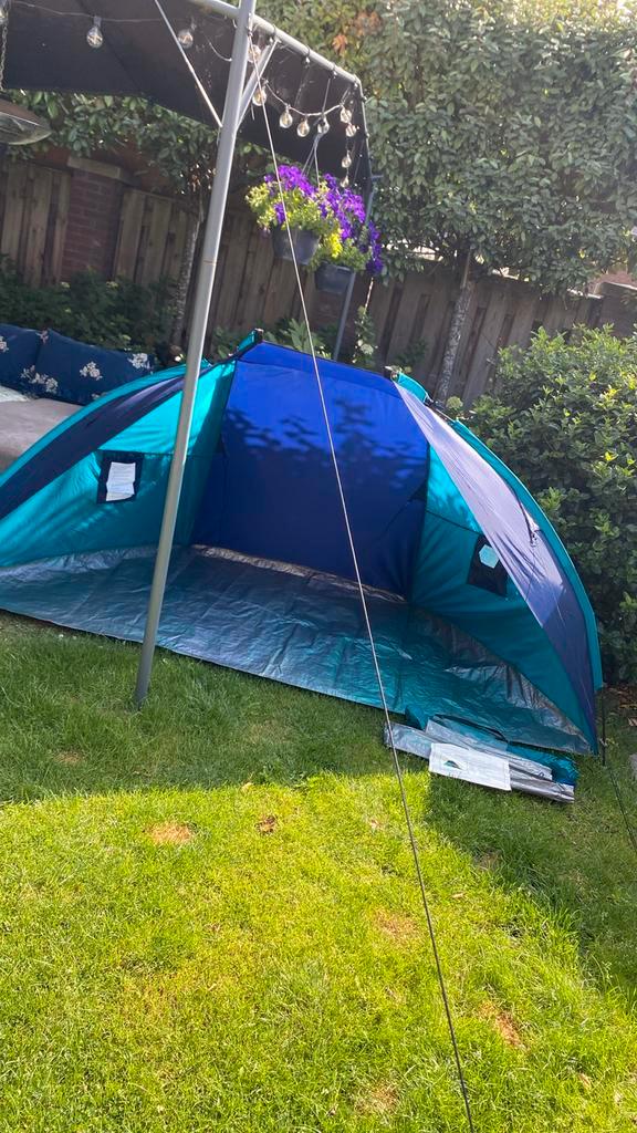 Mooie blauw/turquoise strandtent, Caravans en Kamperen, Tenten, Zo goed als nieuw, Ophalen of Verzenden