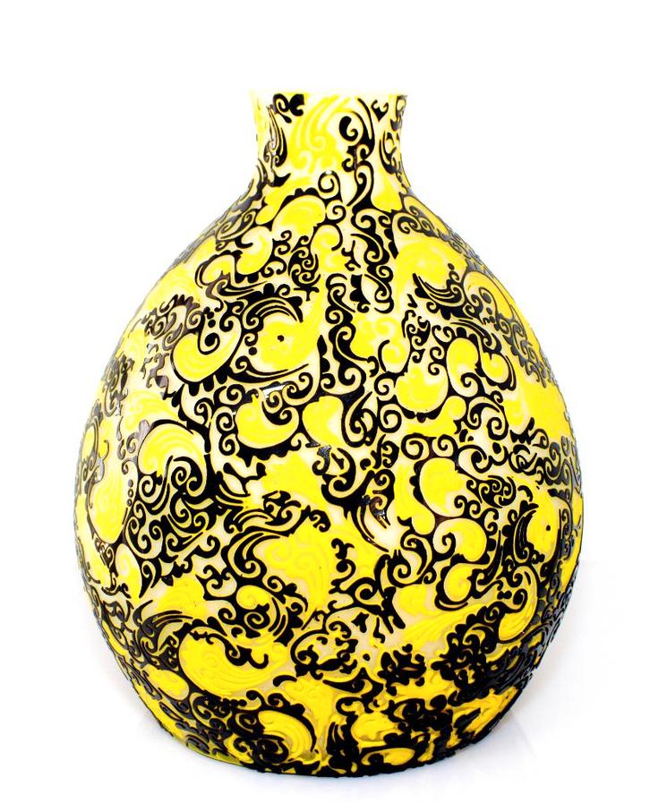 Prachtige Geel Zwart Camee Glazen Buik Vaas, Antiek en Kunst, Antiek | Glas en Kristal, Verzenden