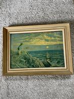 Klassiek Schilderij: Vrouw aan Zee bij Zonsondergang/Maanopk, Ophalen of Verzenden