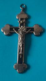 625 mooi oud zilverkleurig Kruisje met hout ingelegd, Ophalen of Verzenden, Zo goed als nieuw, Beeld(je), Christendom | Katholiek