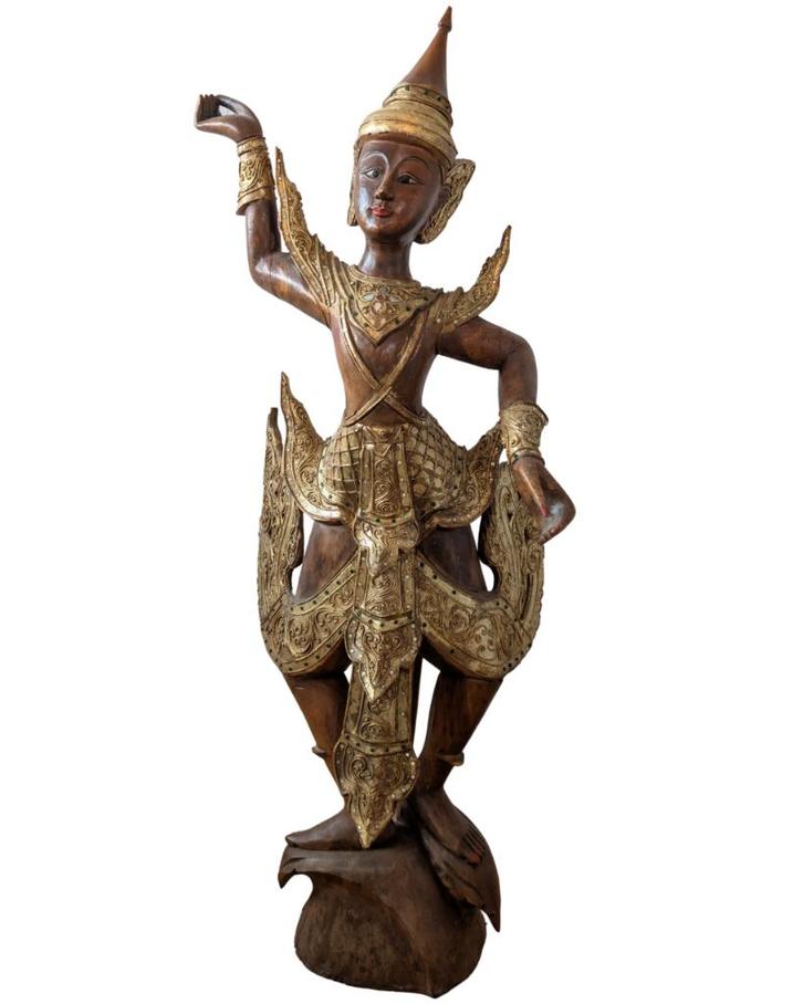 Groot antiek Birmaans tempeldanseres beeld – ca. 1900–1930, Huis en Inrichting, Woonaccessoires | Boeddhabeelden, Gebruikt, Ophalen of Verzenden