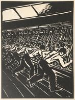 Frans Masereel (1889-1972) Houtsnede 'Lopende band arbeiders, Antiek en Kunst, Kunst | Etsen en Gravures, Ophalen of Verzenden