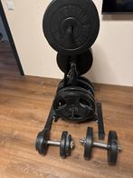 Complete set halterschijven en stangen 30mm, Sport en Fitness, Ophalen, Gebruikt, Armen, Halterset
