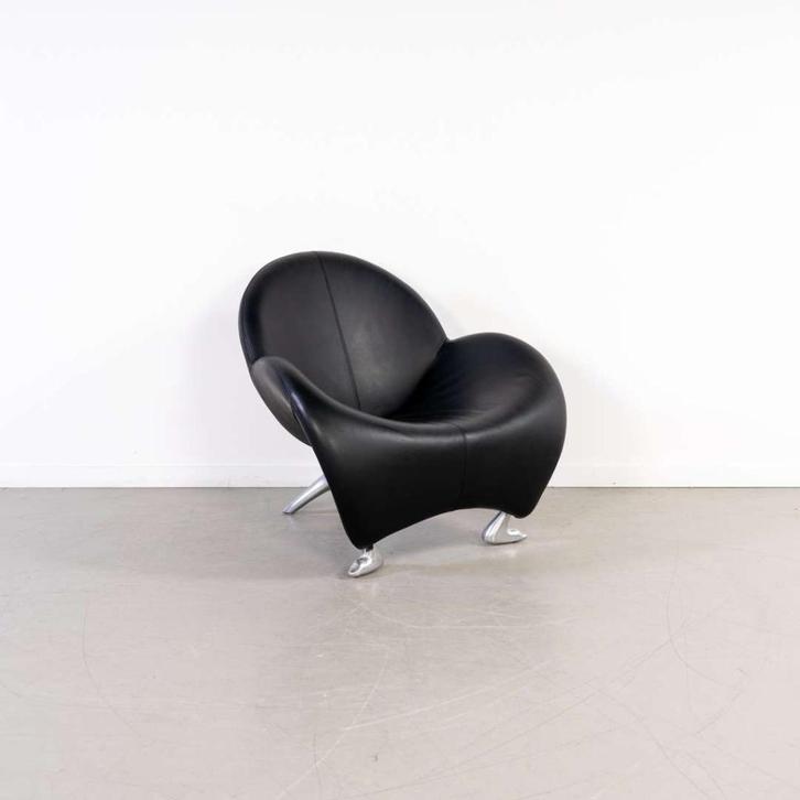 Leolux Papageno Fauteuil Zwart Leer – Chroom, Huis en Inrichting, Fauteuils, Gebruikt, Leer, Metaal, 75 tot 100 cm, 75 tot 100 cm