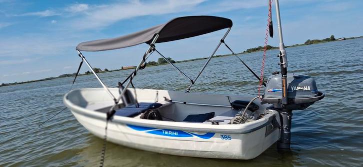 Terhi 385 met 4pk Yamaha + Biminitop, Watersport en Boten, Vis- en Consoleboten, Gebruikt, Tot 10 pk, 3 tot 6 meter, Benzine, Buitenboordmotor