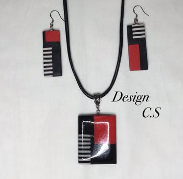 Leren Ketting met hanger en oorbellen Rood Zwart Wit UV-Hars beschikbaar voor biedingen