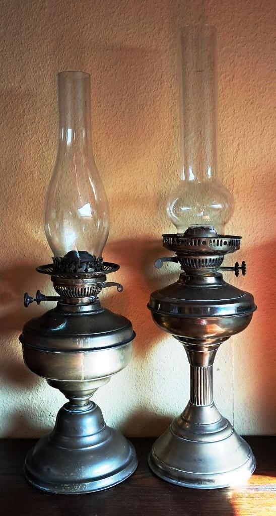 set van 2 antieke engelse koperen olielampen 30-33 cm, Antiek en Kunst, Antiek | Lampen, Ophalen