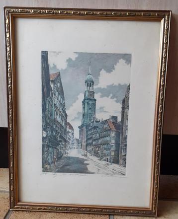 Prachtige kleuren ets. Michaelkerk Hamburg beschikbaar voor biedingen