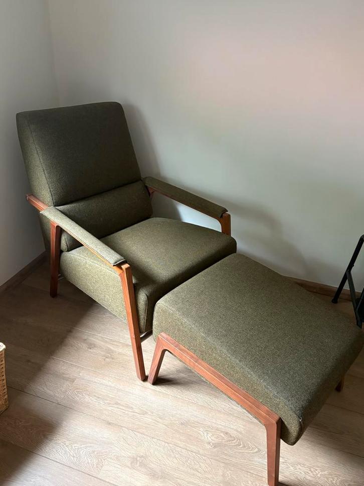 Harvink Splinter groene Fauteuil met Hocker relaxstoel, Huis en Inrichting, Fauteuils, Gebruikt, Hout, 50 tot 75 cm, 75 tot 100 cm