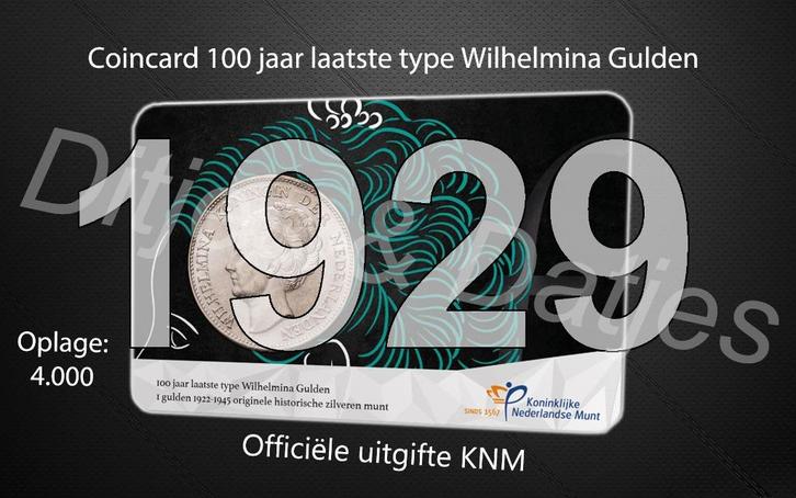 Laatste type Wilhelmina Gulden in coincard KNM 1929, Postzegels en Munten, Munten | Nederland, 1 gulden, Koningin Wilhelmina, Zilver