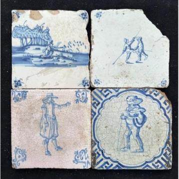 Fraai tableau van 4 antieke Delftse tegels met edellieden beschikbaar voor biedingen