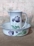 Prachtige oude antieke emaille lampetset met tulpen bloemen, Antiek en Kunst, Antiek | Emaille, Ophalen of Verzenden