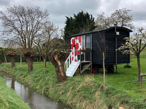 Direct verhuurbare pipowagen met wc/douche/kkn, Tuin en Terras, Tuinhuizen, Zo goed als nieuw, Hout, 500 cm of meer, Minder dan 200 cm