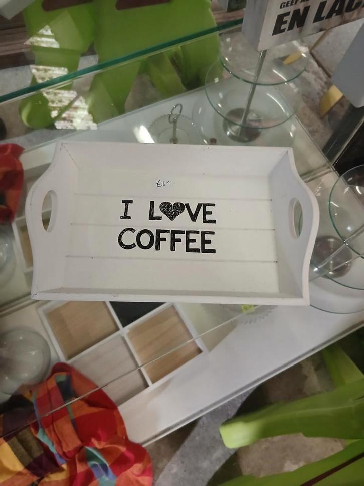 Houten Dienblad - I Love Coffee, Huis en Inrichting, Woonaccessoires | Dienbladen, Zo goed als nieuw, Hout, Rechthoekig, Ophalen